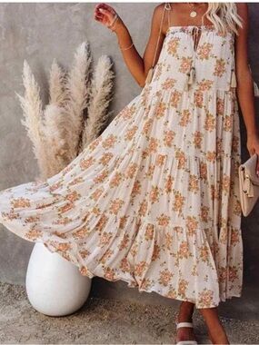 Storia Cream Maxi Dress with Peach Floral Print